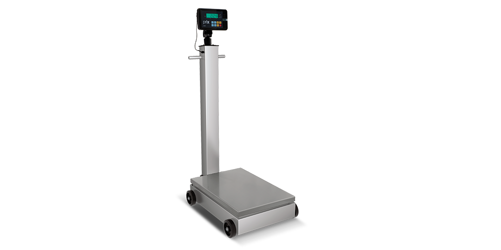 Balança portátil 2124, com plataforma quadrada e coluna em aço inox, rodas na base e indicador digital TI200, em plástico preto